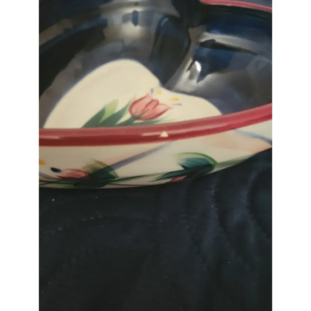 Heart Shape Bowl by P Silkotch Hand Painted Royal Blue‎ Pink Tulip 1992 Signed
